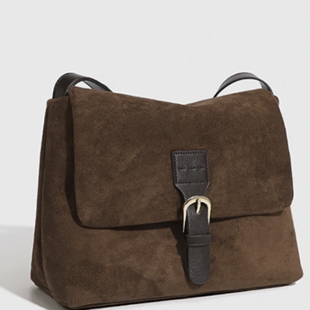 Commense Faux Suede Shoulder Bag  Buckle Strap Brown NWT - Picture 5 of 11